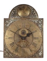 A late 18th century brass longcase face and movement, the 30cms square arched dial with brass