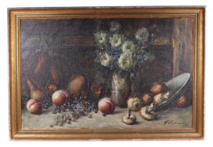 G Rawling ? (British school) - Still Life of Fruit and Flowers - signed lower right, framed, 90 by