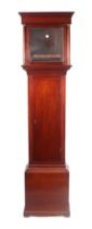 A late 18th / early 19th century mahogany longcase clock case, the hood with a 30cms square glass