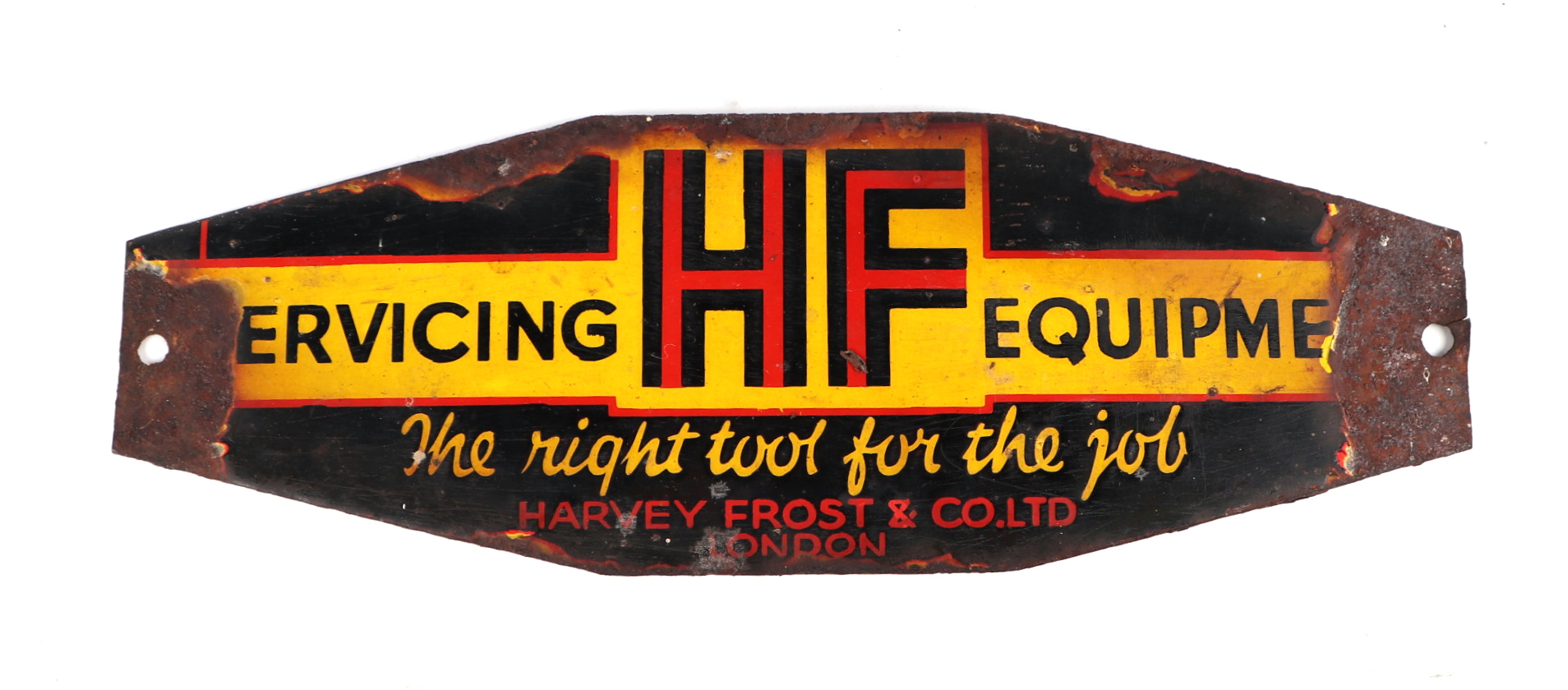 An original small Harvey Frost & Co. Ltd London enamel sign, H S Servicing Equipment, 23cms by 8cms.
