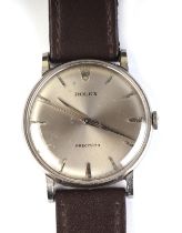 A Rolex Precision gentleman's stainless steel wristwatch, the silvered dial with baton indices,