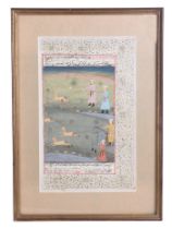 A Persian illuminated double sided manuscript page depicting a hunting scene and calligraphy, framed