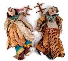 Four late 19th / early 20th century Burmese marionette dolls with articulated hands and mouths,