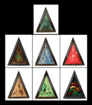 Ken Lindores (modern British) - a series of seven triangular abstracts, oil on canvas, each