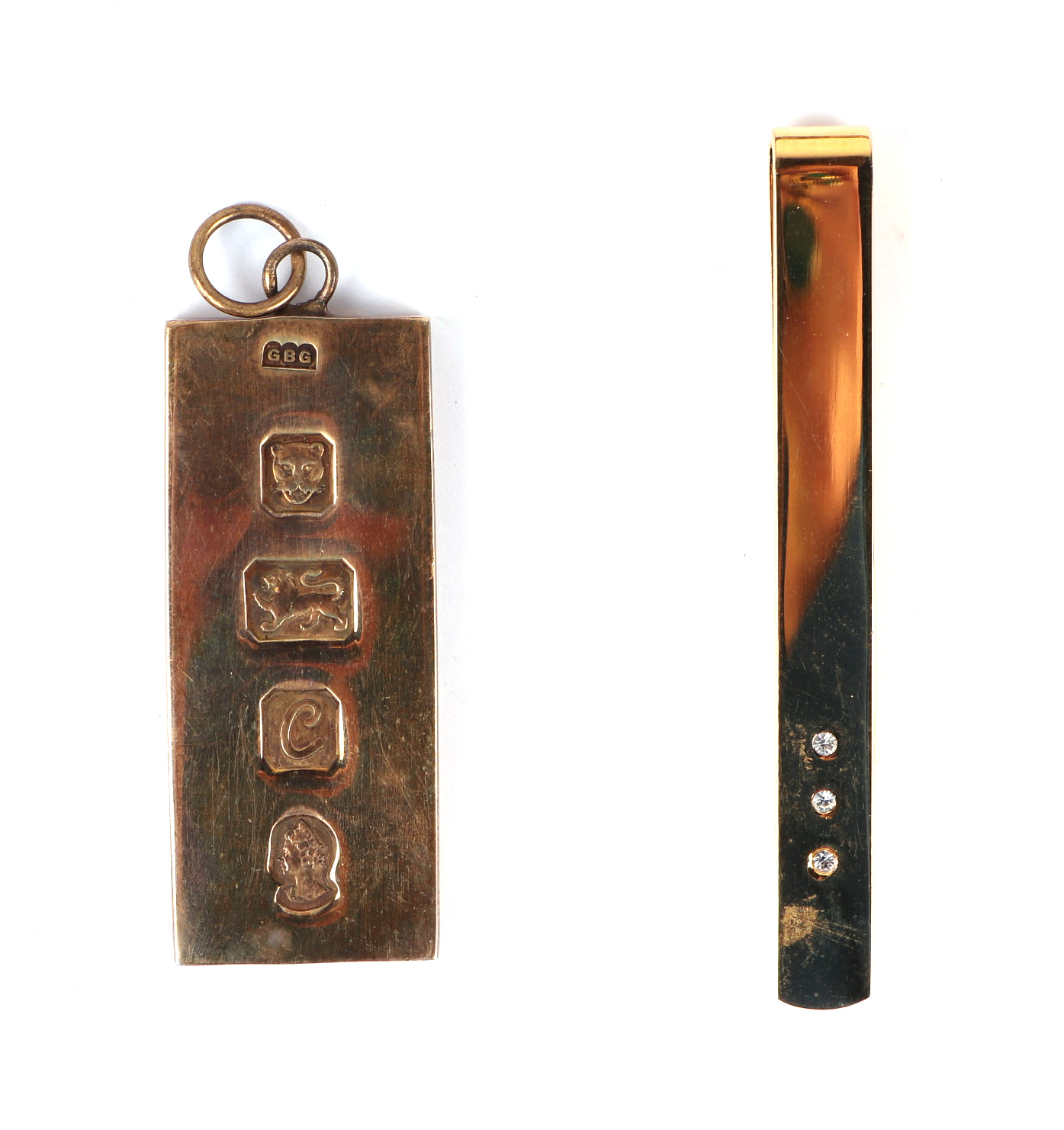 A group of stick pins to include enamel, agate and citrine; together with a silver gilt ingot - Image 2 of 5