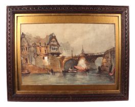 Emma Coulean (continental school) - River Scene with Bridge - watercolour, framed & glazed, 35 by