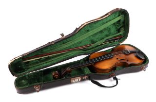 A violin in case, internally labelled "Antonius Stradivariu" with bow.
