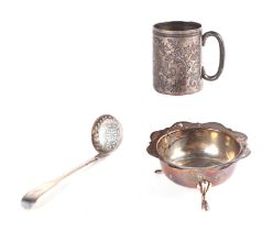 A silver Christening tankard; together with a silver three legged bowl and a Victorian silver