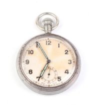 A military issue open faced pocket watch with Arabic numerals and subsidiary seconds dial, case