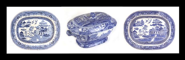 A Spode Italian pattern tureen and cover; together with two blue & white meat plates (3).