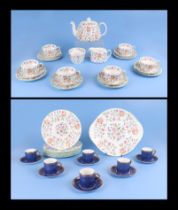 A Minton Haddon Hall pattern teaset; together with six Savoy China coffee cans and saucers.