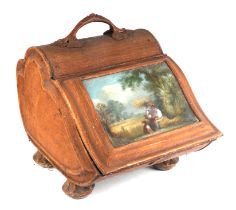 A toleware style 19th century coal scuttle with painted panel depicting figures and bushels of