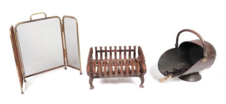 Two iron fire grates; together with a brass folding firescreen; a Victorian copper coal scuttle; and