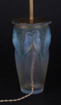 A Rene Lalique opalescent glass Celyan vase, converted to a table lamp (drilled 2.5cms above the