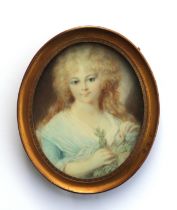A 19th century oval portrait miniature on ivory depicting Mademoiselle Barsin (?), 5.5 by 6.5cms.
