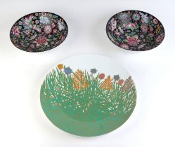 A pair of Chinese millefiori pattern dishes, 23cms diameter; a Rosenthal charger, 33cms diameter;