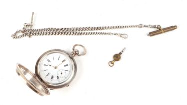 A continental white metal pocket watch, the white dial with Arabic and Roman numerals and subsidiary