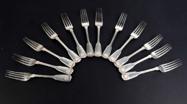 A group of Victorian fiddle, thread and shell pattern table forks, various dates and makers marks,