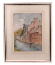 B P Edwards (modern British) - The Palace, Wells - river scene with a swan, signed lower right,