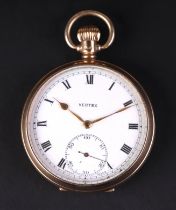 A Vertex 9ct gold cased open faced pocket watch, the white enamel dial with Roman numerals and