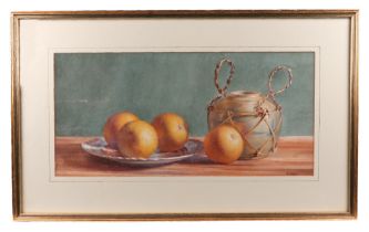 A Wills - Still Life of Oranges and a Ginger Jar - signed lower right, watercolour, framed & glazed,