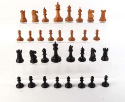 A Jaques of London boxwood and ebony chess set in a rosewood box, king height 8.5cms. Condition