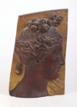 An early 20th century carved and painted profile head and shoulder portrait of a neo-classical lady,