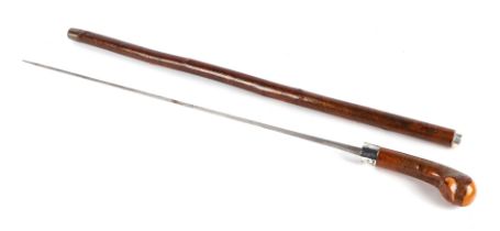An early 20th century French sword stick with square tapering blade, overall 92cms long, blade