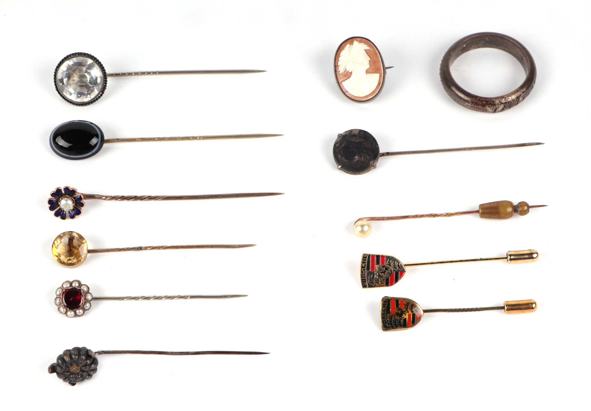 A group of stick pins to include enamel, agate and citrine; together with a silver gilt ingot - Image 4 of 5