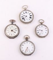 A group of four open faced pocket watches to include an alarm pocket watch in gun metal case (4).