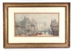 Continental school - River Scene with Bridge and Buildings - watercolour, framed & glazed, 29 by