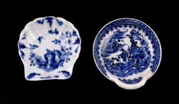 An 18th century Worcester blue & white Two Peony Rock Bird pattern shell shaped pickle dish, 8 by