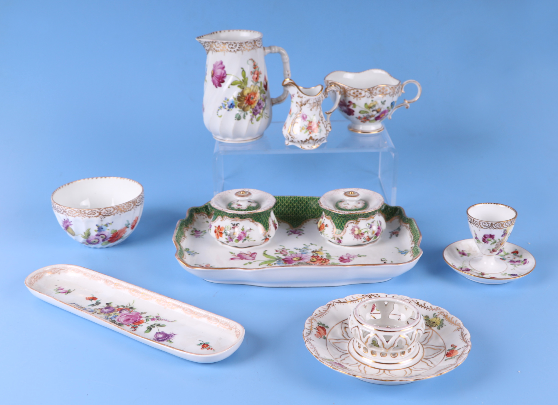 A quantity of Dresden porcelain to include a desk stand, cream jug, plates and other items. - Image 2 of 3
