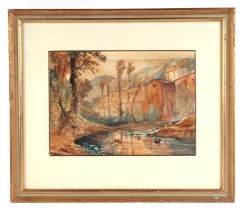 J R Bibbery (?) - River Scene with Ducks and Ramparts in the Background - signed lower left,