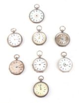 A group of eight silver cased open faced fob watches, various dates and maker's marks (8).