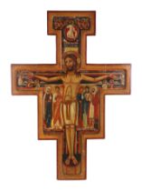 A large painted Christian icon, a San Damiano Cross, depicting Christ on the cross and Saints 38