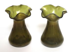 A pair of Loetz style Cretan Rusticana iridescent glass vases, each 16cms high (2).