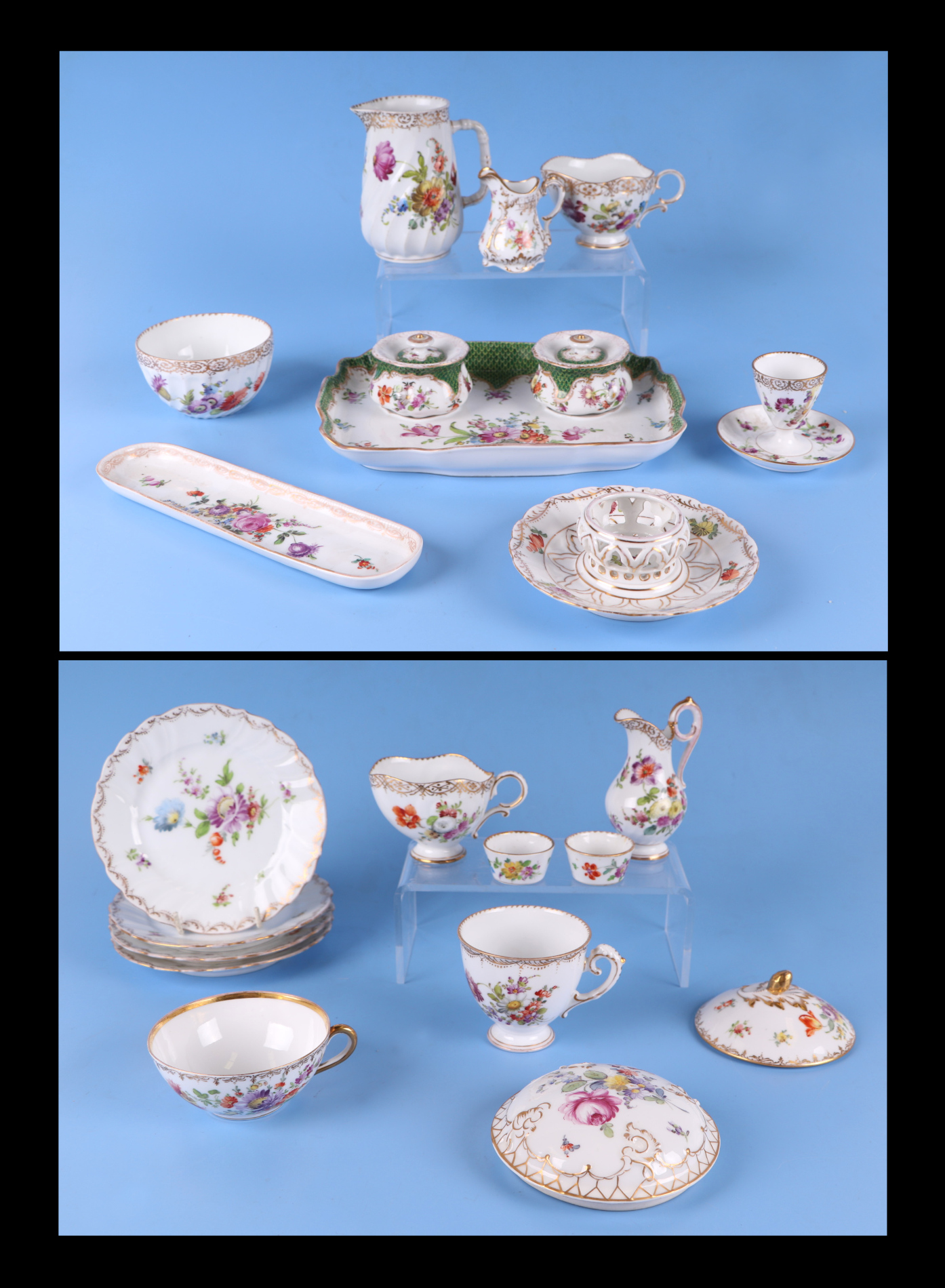 A quantity of Dresden porcelain to include a desk stand, cream jug, plates and other items.
