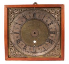 An 18th century brass 27cms square longcase clock face, the silvered chapter ring with Arabic and