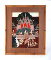 Thai school - Temple Scene with Figures - gouache, 30 by 40cms, framed.