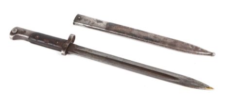 A WWII Czechoslovakian VZ98/22 Mauser bayonet in its steel scabbard. Marked to the ricasso CSZ O.