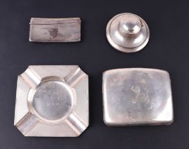 A quantity of silver items comprising ashtray, visiting card case, cigarette case and inkwell,