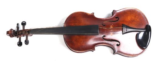A one-piece back violin & bow, the back 36cms (14ins) long, cased.