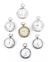 A group of seven silver cased open faced pocket watches, various dates and maker's marks (7).