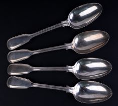 Four Victorian silver fiddle pattern serving spoons, London 1841, 385g (4).