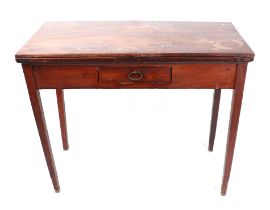 A 19th century mahogany tea table with frieze drawer, on square tapering legs, 88cms wide.
