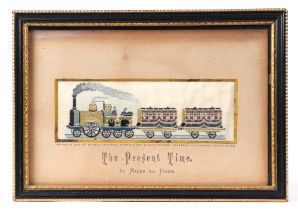 A Victorian Stevengraph "The Present Time", depicting an early steam railway engine, 15 by 5cm,