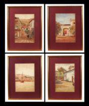 19th century Continental school - a set of four watercolours, depicting street scenes and a harbour,