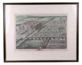A large 18th century hand coloured engraving, depicting Longleat House and grounds, 50 by 36cm,