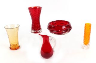 A small collection of Whitefriars mid century studio glass, including a knobbly swallow dish in red,